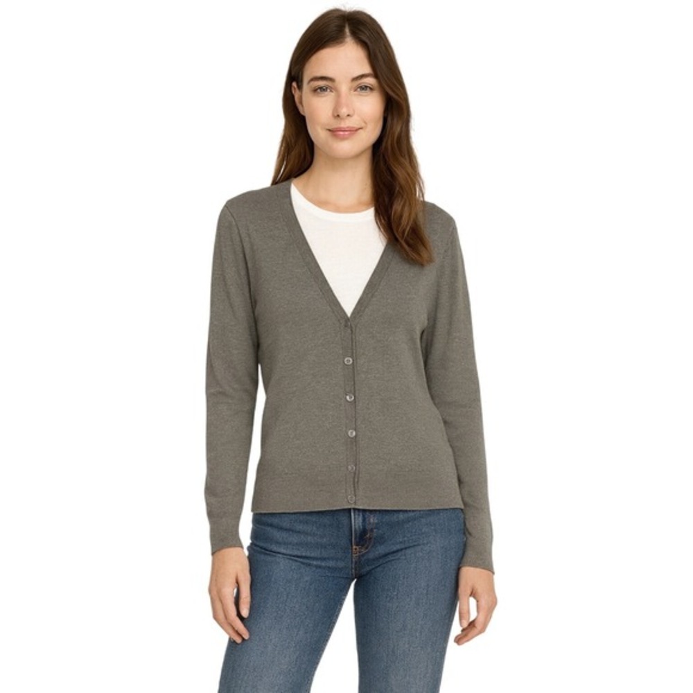 Ann Taylor LOFT Gray V Neck Button Front Cardigan Sweater‎ M Pima Cotton 91-14